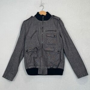 All-Son Grey Herringbone Military Bomber Jacket Medium